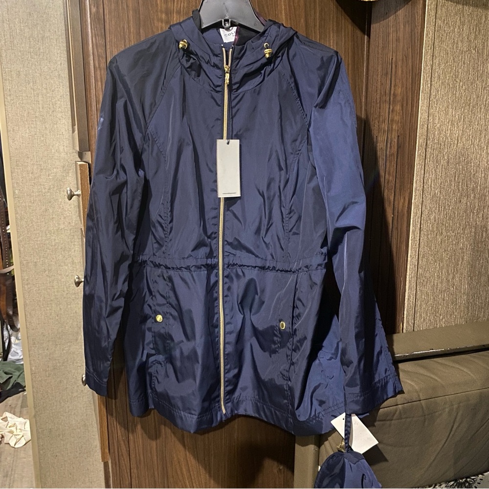 Cole Haan Navy blue hooded rain windbreaker jacket New cinched XL packable - Picture 5 of 10